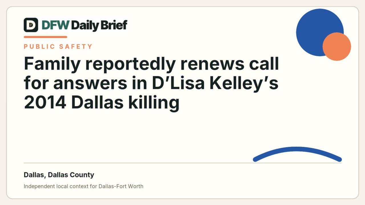 DFW Daily Brief card for Family reportedly renews call for answers in D’Lisa Kelley’s 2014 Dallas killing