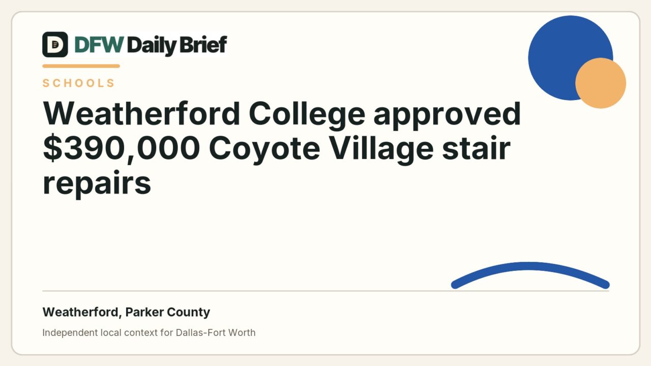 DFW Daily Brief card for Weatherford College approved $390,000 Coyote Village stair repairs