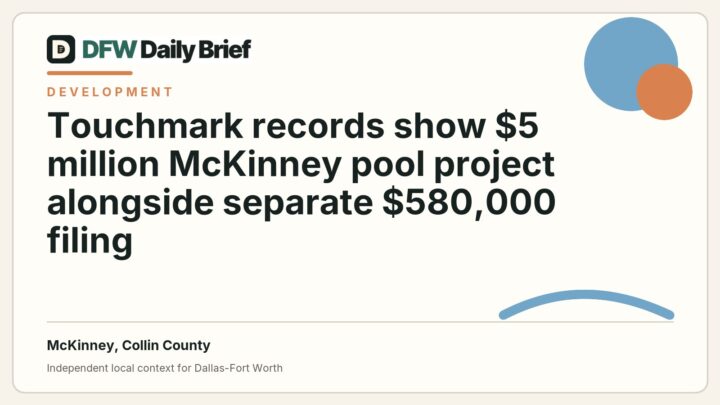 DFW Daily Brief card for Touchmark records show $5 million McKinney pool project alongside separate $580,000 filing