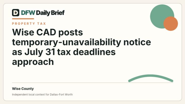 DFW Daily Brief card for Wise CAD posts temporary-unavailability notice as July 31 tax deadlines approach