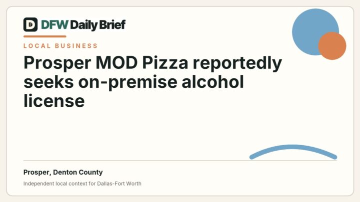 DFW Daily Brief card for Prosper MOD Pizza reportedly seeks on-premise alcohol license