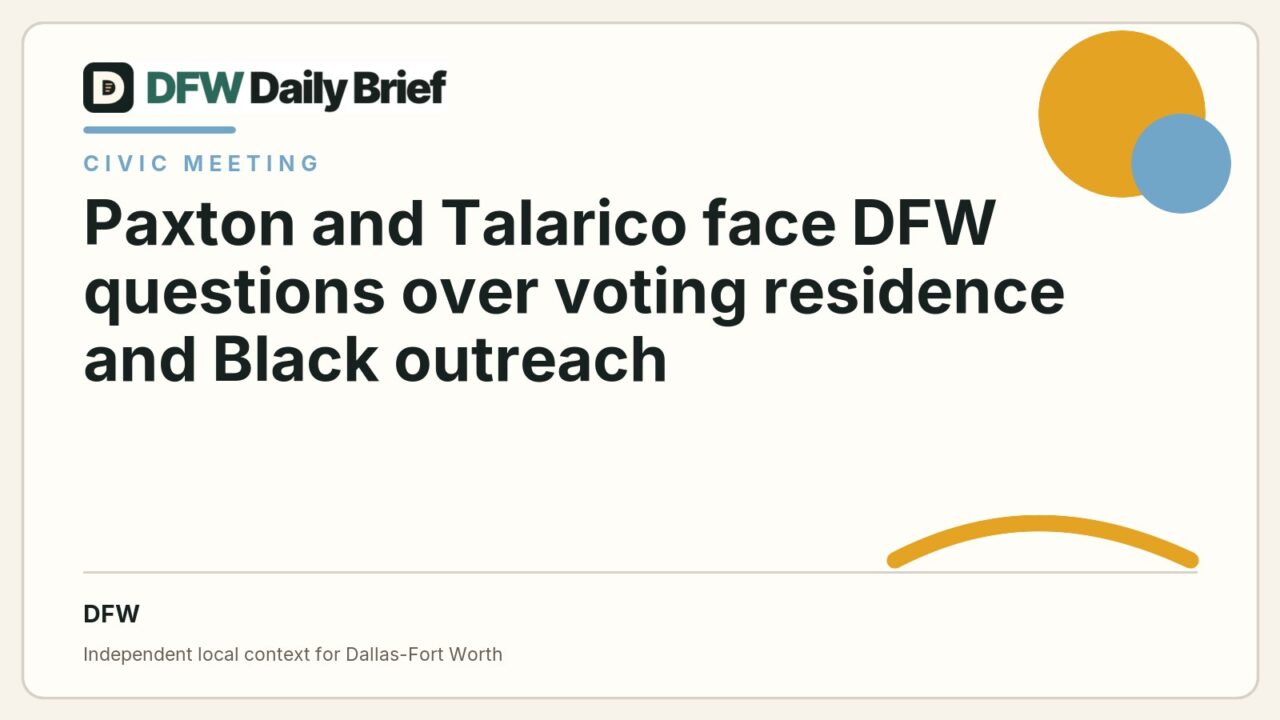 DFW Daily Brief card for Paxton and Talarico face DFW questions over voting residence and Black outreach