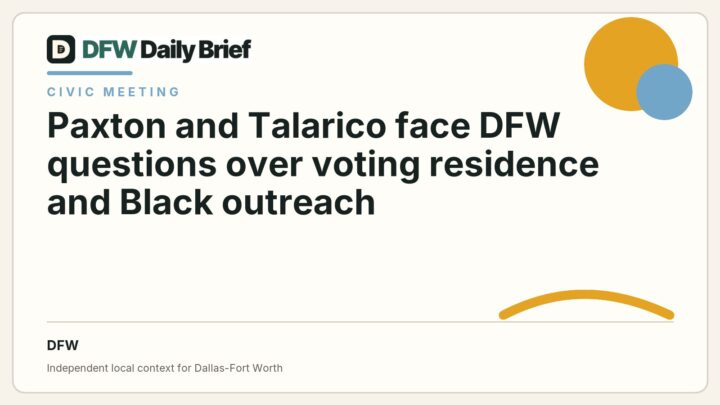 DFW Daily Brief card for Paxton and Talarico face DFW questions over voting residence and Black outreach