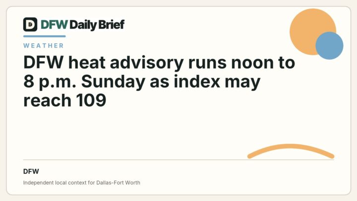 DFW Daily Brief card for DFW heat advisory runs noon to 8 p.m. Sunday as index may reach 109