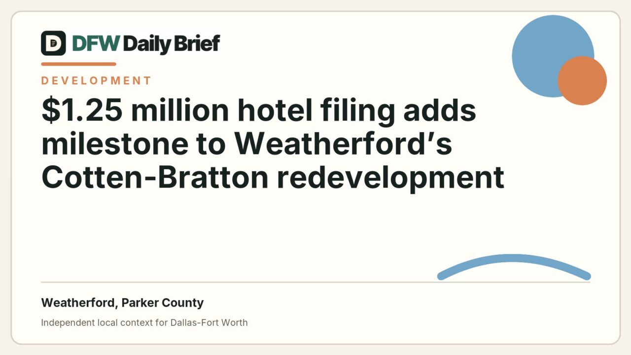 DFW Daily Brief card for $1.25 million hotel filing adds milestone to Weatherford’s Cotten-Bratton redevelopment