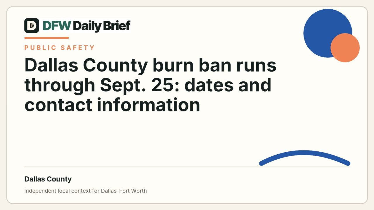 DFW Daily Brief card for Dallas County burn ban runs through Sept. 25: dates and contact information