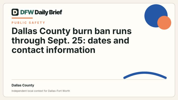 DFW Daily Brief card for Dallas County burn ban runs through Sept. 25: dates and contact information