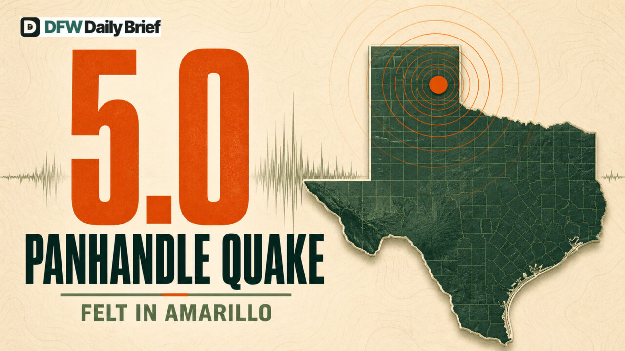 Illustrated map of Texas showing a magnitude 5.0 earthquake marker in the Panhandle with the words Panhandle Quake and Felt in Amarillo.