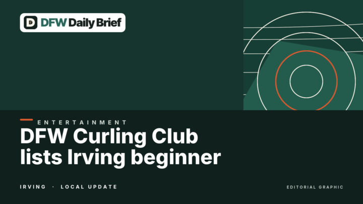 Editorial graphic for DFW Curling Club lists Irving beginner sessions amid pending alcohol application.