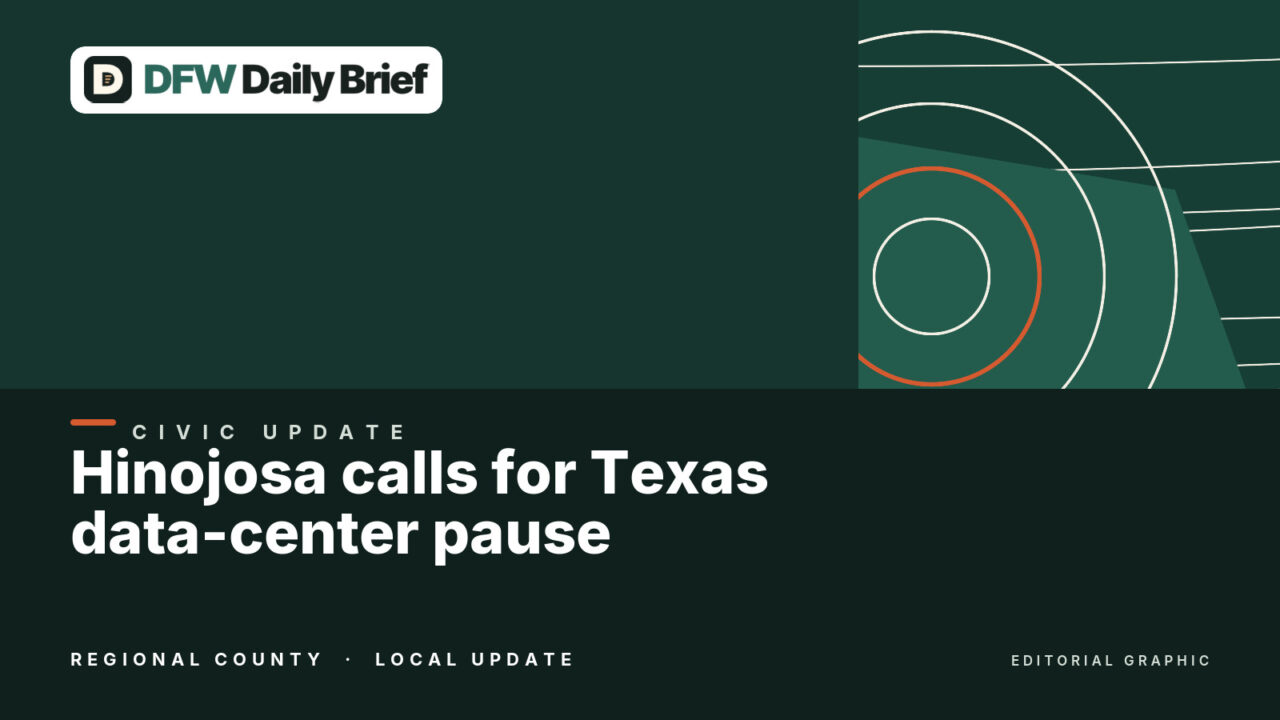 Editorial graphic for Hinojosa calls for Texas data-center pause as Abbott promotes project standards.