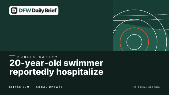 Editorial graphic for 20-year-old swimmer reportedly hospitalized after Little Elm Beach rescue.