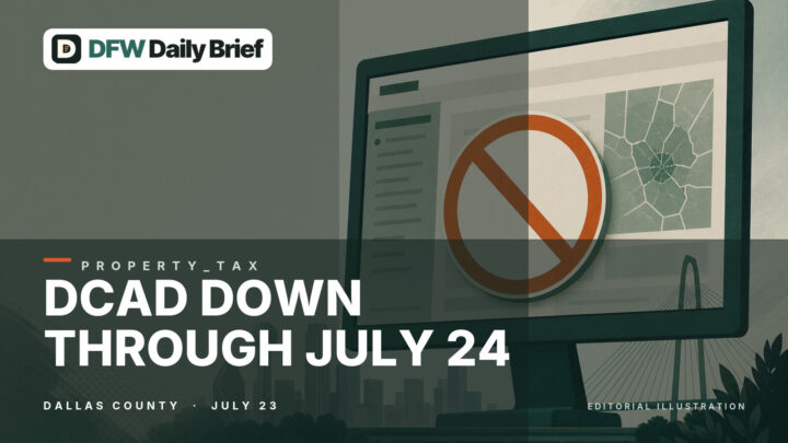 Editorial graphic illustrating the Dallas appraisal system outage and protest-hearing timeline.