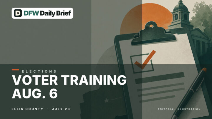 Editorial illustration of voter-registration materials and an August calendar.