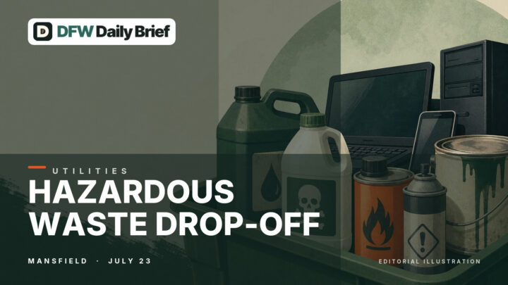 Editorial illustration of organized household hazardous-waste and electronics drop-off containers.