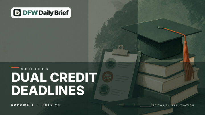 Editorial illustration of a student planning dual-credit coursework and deadlines.