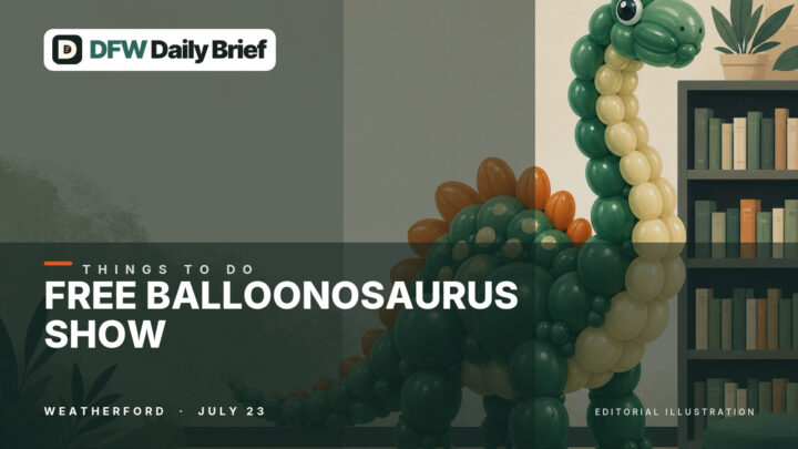 Playful editorial illustration of a balloon dinosaur outside a library.