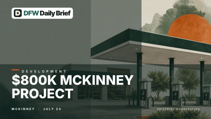 Editorial illustration of a McKinney fuel-station development filing.