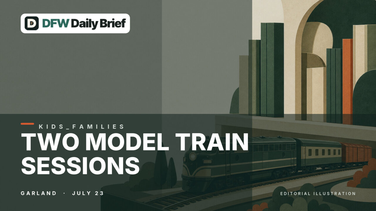 Playful editorial illustration of a model train circling a library display.