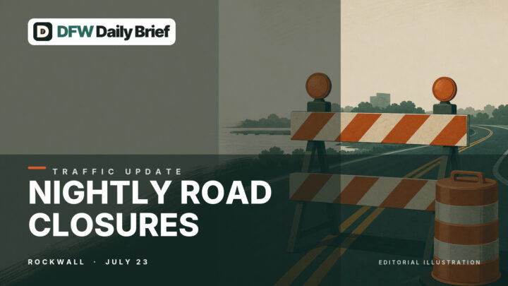Editorial traffic graphic showing a nighttime road closure at a Rockwall intersection.