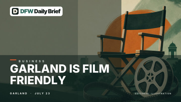 Editorial illustration of a film clapperboard framing Garland's skyline.
