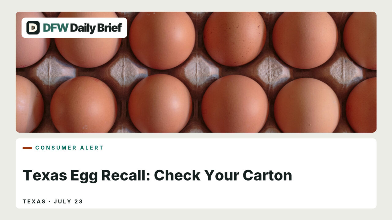 Brown eggs in a carton with a Texas egg recall alert graphic